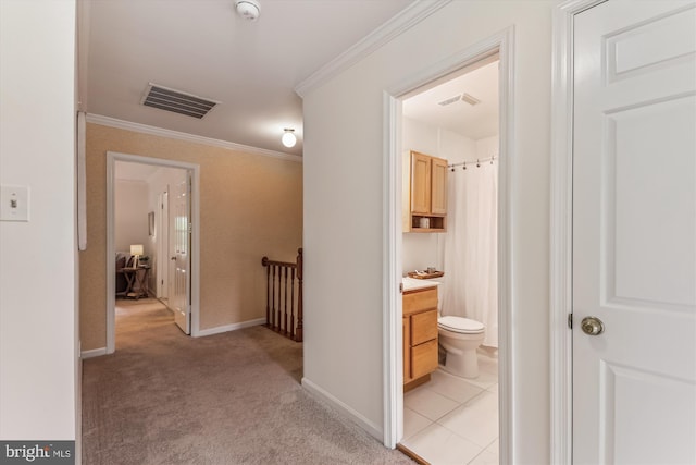 2032 Franklin Cluster Ct, Falls Church, VA 22043 - corridor with an upstairs landing, crown molding, light carpet, and baseboards