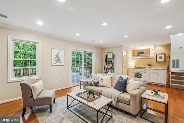 2032 Franklin Cluster Ct, Falls Church, VA 22043 - living area with crown molding, wet bar, baseboards, light wood-style floors, and recessed lighting