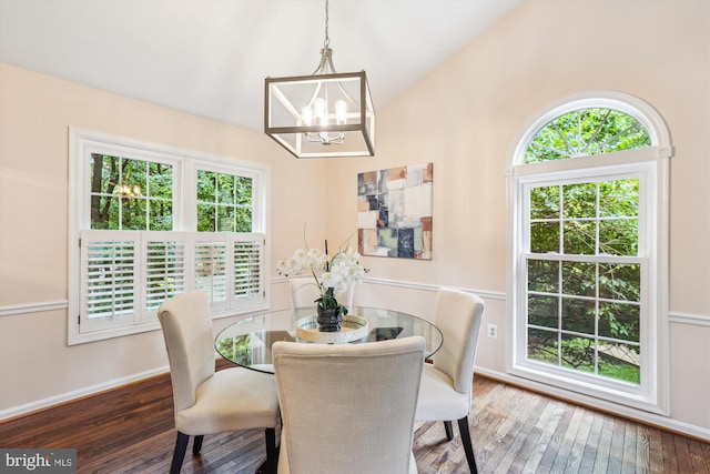 2032 Franklin Cluster Ct, Falls Church, VA 22043 - dining space featuring a chandelier, plenty of natural light, hardwood / wood-style flooring, vaulted ceiling, and baseboards