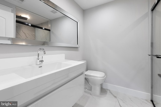 2100 S Pierce St, Arlington, VA 22202 - bathroom featuring marble look tiles, toilet, vanity, baseboards, and a marble finish shower