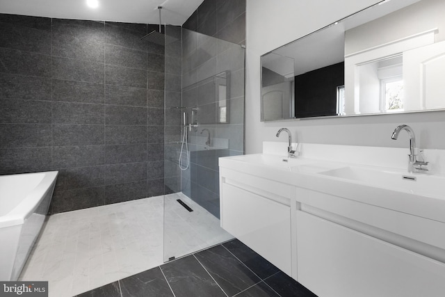 2100 S Pierce St, Arlington, VA 22202 - bathroom featuring a walk in shower, double vanity, and a bathtub