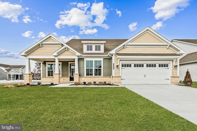 35242 Duck Haven Rd, Selbyville, DE 19975 - craftsman inspired home with driveway, a front yard, roof with shingles, covered porch, and an attached garage