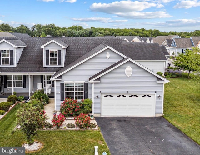view of front of house with asphalt driveway, a front lawn, a shingled roof, and a garage