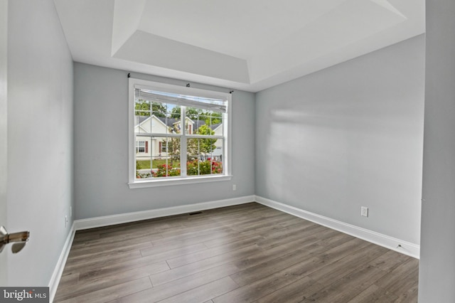 empty room with a raised ceiling, wood finished floors, and baseboards