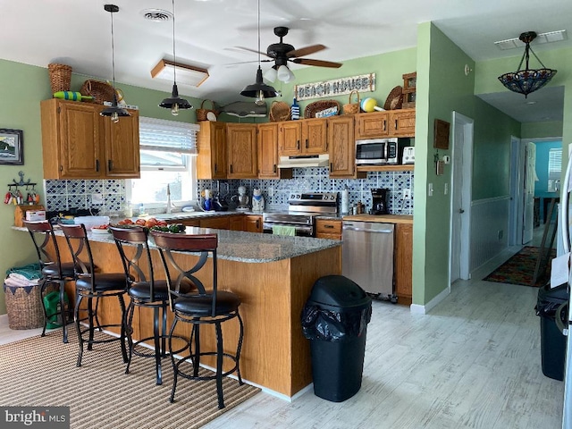 53 Pleasure Shores Cir, Chesapeake City, MD 21915 - kitchen featuring stainless steel appliances, under cabinet range hood, a peninsula, a kitchen bar, and light wood finished floors