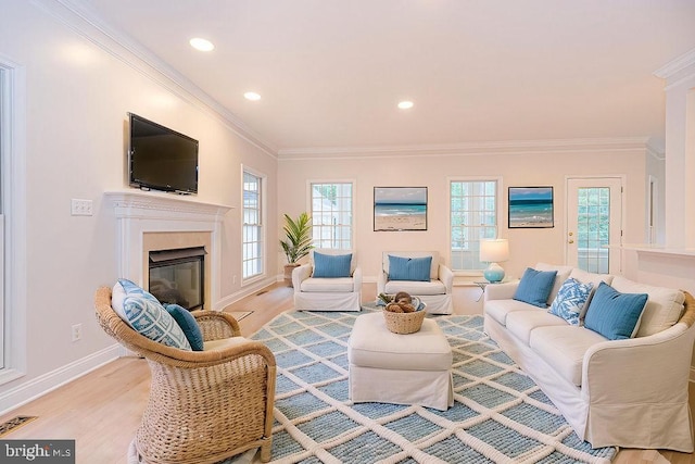 101 Port Arthur Ct, Ocean Pines, MD 21811 - living area with light wood finished floors, a glass covered fireplace, baseboards, plenty of natural light, and crown molding