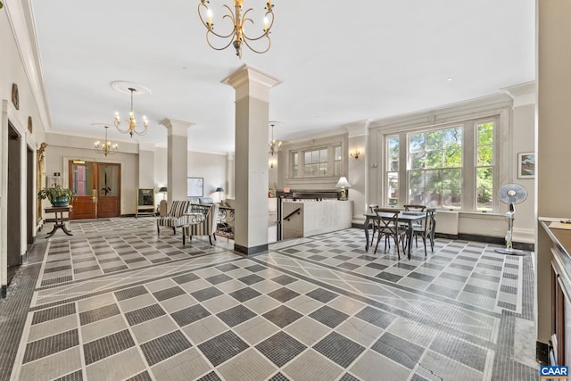 500 Court Sq Unit 503And 504, Charlottesville, VA 22902 - dining area featuring a chandelier, ornamental molding, decorative columns, baseboards, and tile patterned flooring