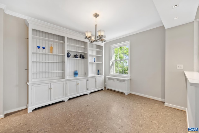 500 Court Sq Unit 503And 504, Charlottesville, VA 22902 - empty room with ornamental molding, a chandelier, baseboards, radiator heating unit, and built in shelves