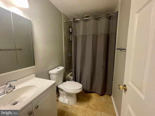 full bathroom featuring tile patterned flooring, vanity, toilet, and shower / bathtub combination with curtain