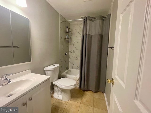 bathroom featuring tile patterned floors, vanity, shower / bath combination with curtain, and toilet