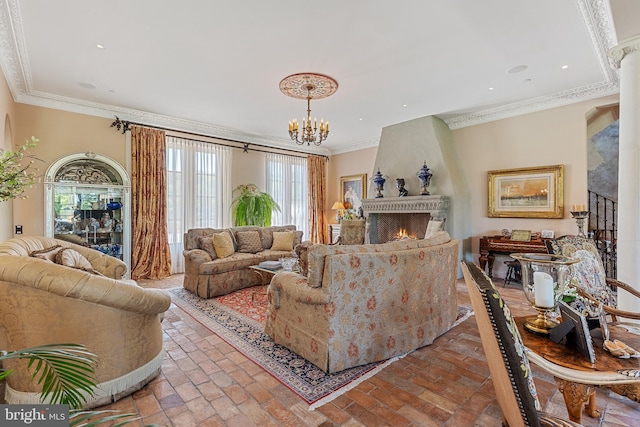 13320 Signal Tree, Potomac, MD 20854 - living area featuring ornamental molding, a large fireplace, a chandelier, and brick floors