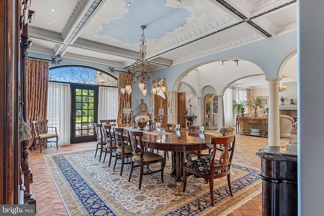 13320 Signal Tree, Potomac, MD 20854 - dining space with coffered ceiling, decorative columns, arched walkways, beam ceiling, and a high ceiling