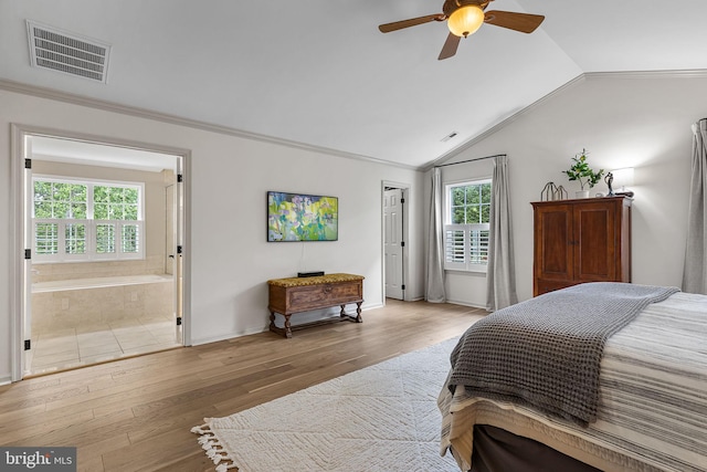 4 Saint Vincent Ct, Stafford, VA 22556 - bedroom featuring hardwood / wood-style flooring, vaulted ceiling, crown molding, ensuite bathroom, and baseboards