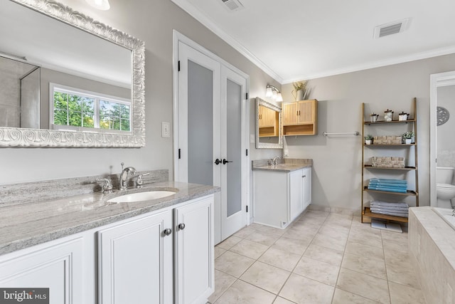 4 Saint Vincent Ct, Stafford, VA 22556 - full bathroom featuring two vanities, crown molding, tile patterned flooring, toilet, and baseboards