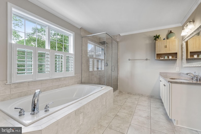 4 Saint Vincent Ct, Stafford, VA 22556 - full bath with vanity, a garden tub, crown molding, a shower stall, and tile patterned flooring