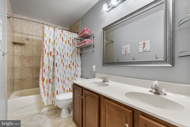 4 Saint Vincent Ct, Stafford, VA 22556 - bathroom featuring toilet, double vanity, shower / bath combination with curtain, and tile patterned floors