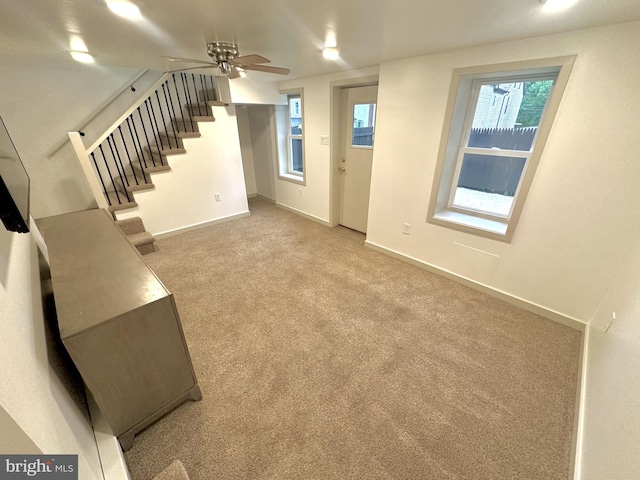118 Hopewell St, Birdsboro, PA 19508 - unfurnished living room with ceiling fan, carpet, stairway, and baseboards