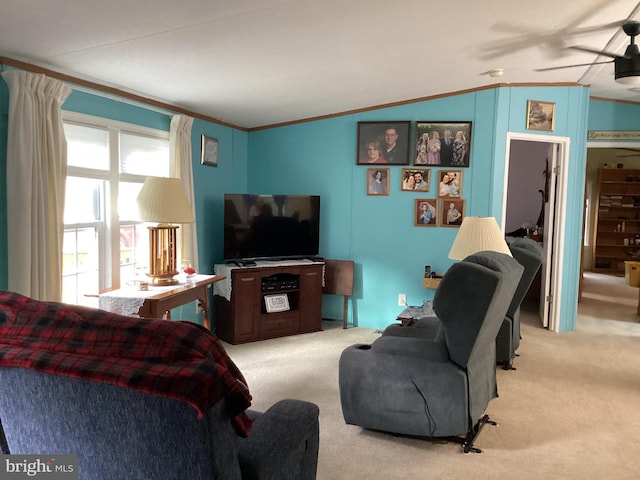 4041 Conowingo Rd, Darlington, MD 21034 - carpeted living room featuring crown molding, ceiling fan, and lofted ceiling