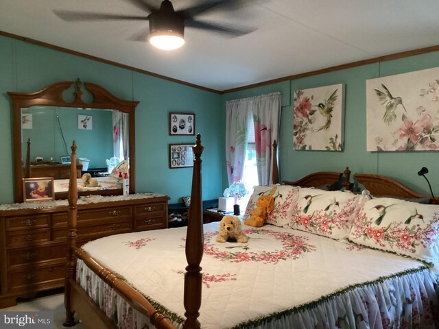 4041 Conowingo Rd, Darlington, MD 21034 - carpeted bedroom featuring crown molding, vaulted ceiling, and ceiling fan