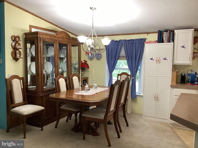 4041 Conowingo Rd, Darlington, MD 21034 - dining room featuring a chandelier, light carpet, a textured ceiling, ornamental molding, and vaulted ceiling