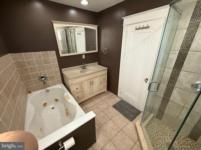 5902 E Roosevelt Blvd, Philadelphia, PA 19149 - bathroom featuring a stall shower, a jetted tub, vanity, and tile patterned flooring
