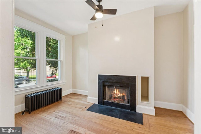 728 13th St SE, Washington, DC 20003 - detailed view of radiator heating unit, wood finished floors, a fireplace with flush hearth, and ceiling fan