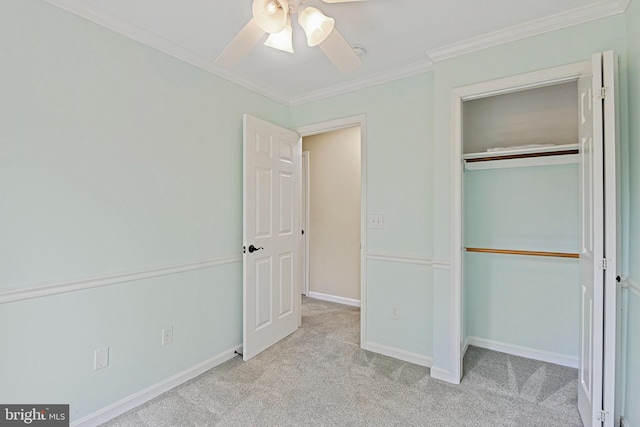 1205 Bond St, Herndon, VA 20170 - unfurnished bedroom featuring ornamental molding, a closet, light colored carpet, and ceiling fan