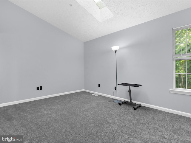632 Island Creek Ct, Annapolis, MD 21401 - unfurnished room featuring carpet flooring, a skylight, baseboards, a textured ceiling, and lofted ceiling