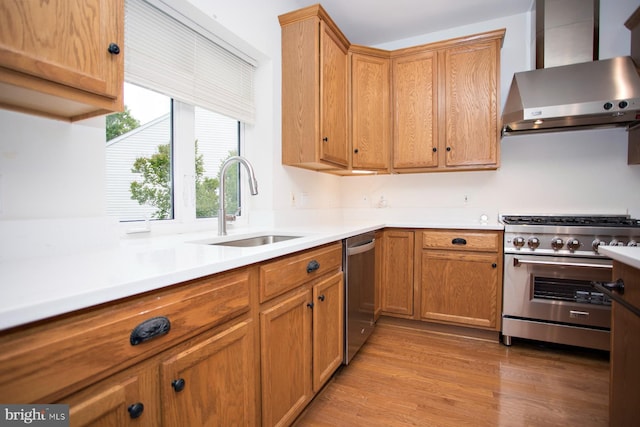 30 Dayton Cir, Fredericksburg, VA 22406 - kitchen featuring appliances with stainless steel finishes, wall chimney exhaust hood, a sink, light wood-style flooring, and light countertops