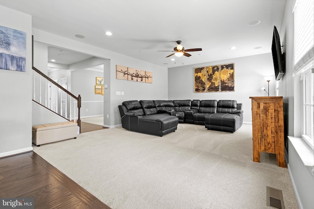3615 Amber Way, Aberdeen, MD 21001 - carpeted living area with ceiling fan, stairway, recessed lighting, baseboards, and wood finished floors
