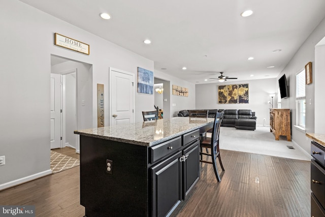 3615 Amber Way, Aberdeen, MD 21001 - kitchen featuring dark cabinetry, recessed lighting, dark wood-style flooring, ceiling fan, and a center island