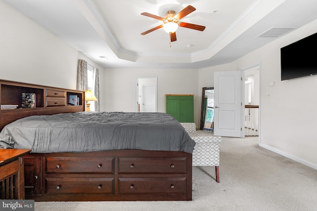 3615 Amber Way, Aberdeen, MD 21001 - bedroom featuring a raised ceiling, ornamental molding, light colored carpet, baseboards, and a ceiling fan