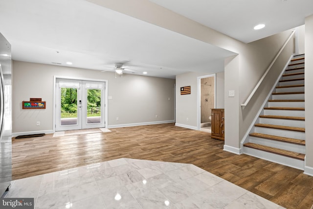 3615 Amber Way, Aberdeen, MD 21001 - unfurnished living room featuring wood finished floors, ceiling fan, stairs, baseboards, and recessed lighting