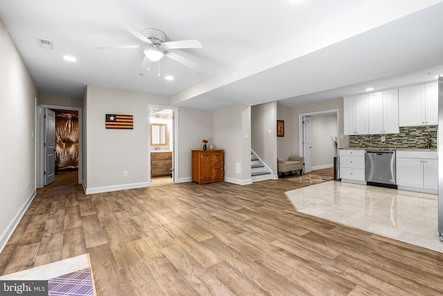 3615 Amber Way, Aberdeen, MD 21001 - kitchen featuring stainless steel dishwasher, ceiling fan, white cabinetry, decorative backsplash, and recessed lighting