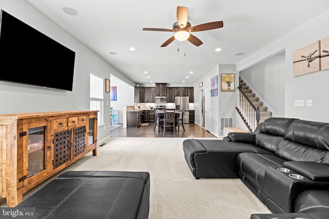 3615 Amber Way, Aberdeen, MD 21001 - living room with stairway, ceiling fan, recessed lighting, light colored carpet, and baseboards