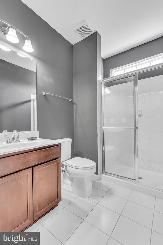 full bath with a stall shower, tile patterned floors, vanity, and toilet