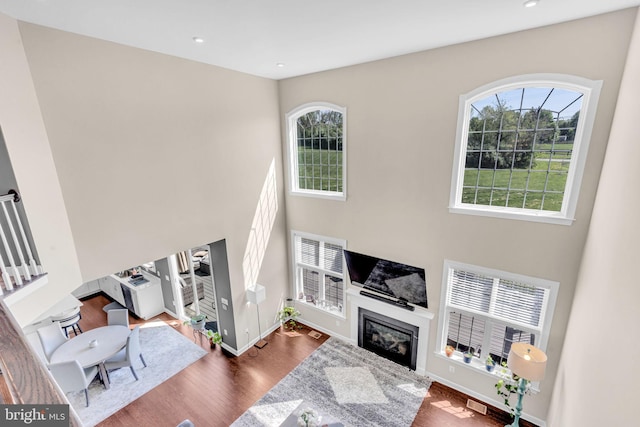 living room featuring plenty of natural light, wood finished floors, a glass covered fireplace, a towering ceiling, and baseboards