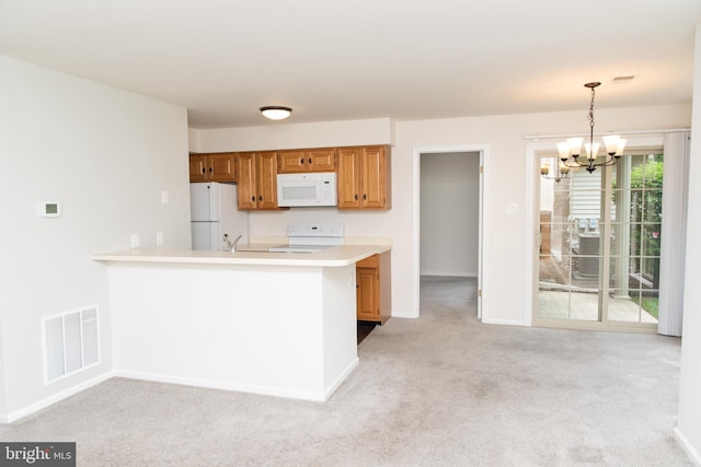 1615 Foxmeadow Cir Unit 1615, Royersford, PA 19468 - kitchen with white appliances, a chandelier, light carpet, light countertops, and baseboards