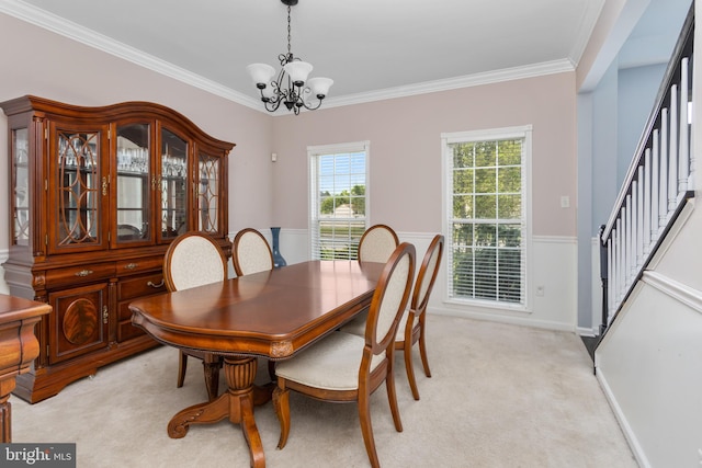 1781 Cobblestone Ln, Vineland, NJ 08361 - dining room featuring a chandelier, stairway, crown molding, and light colored carpet