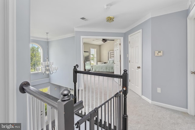 1781 Cobblestone Ln, Vineland, NJ 08361 - hallway with an upstairs landing, carpet floors, baseboards, and ornamental molding