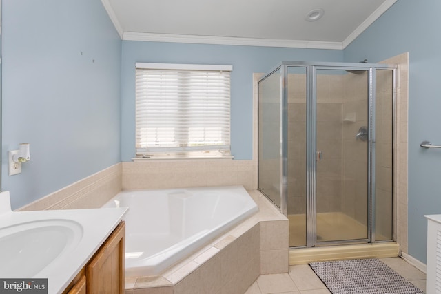 1781 Cobblestone Ln, Vineland, NJ 08361 - bathroom featuring a shower stall, a garden tub, vanity, tile patterned floors, and ornamental molding