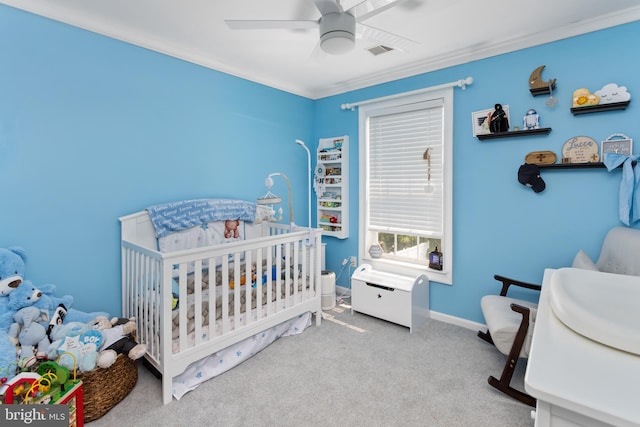 1781 Cobblestone Ln, Vineland, NJ 08361 - carpeted bedroom with a nursery area, baseboards, ornamental molding, and a ceiling fan