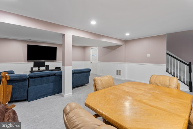 1781 Cobblestone Ln, Vineland, NJ 08361 - carpeted dining space with stairs and recessed lighting