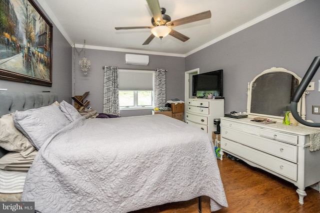 1341 Westview Xing, Grantsville, MD 21536 - bedroom with an AC wall unit, dark wood-type flooring, crown molding, and ceiling fan