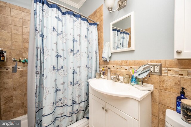 1341 Westview Xing, Grantsville, MD 21536 - full bath with toilet, vanity, shower / bath combo, crown molding, and tile walls