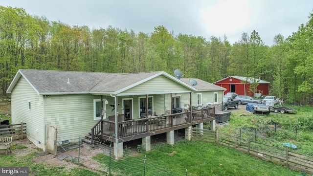 1341 Westview Xing, Grantsville, MD 21536 - back of property featuring a shingled roof, fence, crawl space, and a view of trees