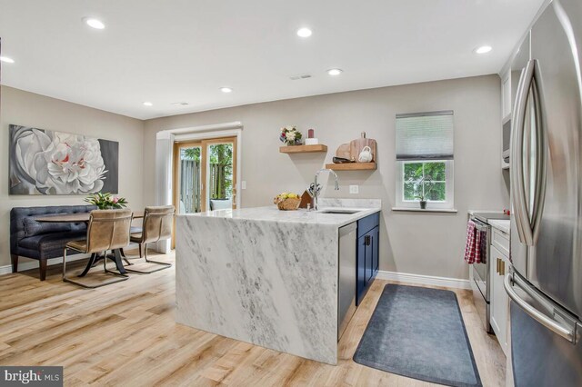 17 Edgewood Green Ct, Annapolis, MD 21403 - kitchen featuring appliances with stainless steel finishes, open shelves, a peninsula, a sink, and baseboards