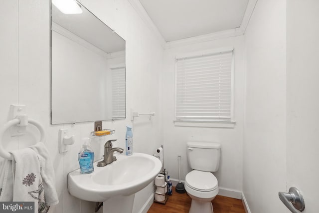 904 W Burke St, Martinsburg, WV 25401 - bathroom with wood finished floors, a sink, toilet, ornamental molding, and baseboards