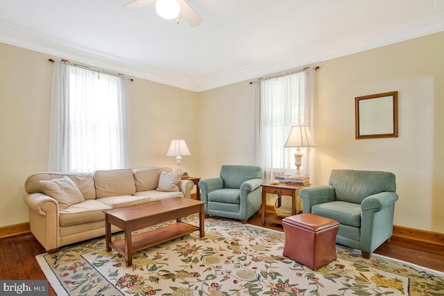 22350 Old Hundred Rd, Barnesville, MD 20838 - living area with crown molding, ceiling fan, healthy amount of natural light, baseboards, and wood finished floors