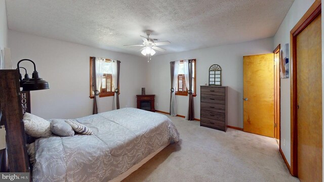 14701 Viewcrest Rd SW, Cresaptown, MD 21502 - carpeted bedroom featuring multiple windows, a textured ceiling, baseboards, and a ceiling fan